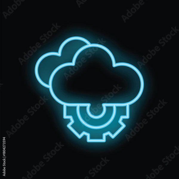 Obraz Blue neon cloud computing icon with gear representing cloud configuration glowing on a black background