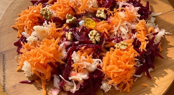 Fototapeta Freshly prepared vibrant salad with grated carrots, beets, and walnuts, on wooden plate