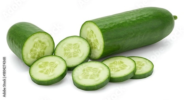 Fototapeta Freshly sliced cucumber, showing interior and exterior details, isolated on a white background