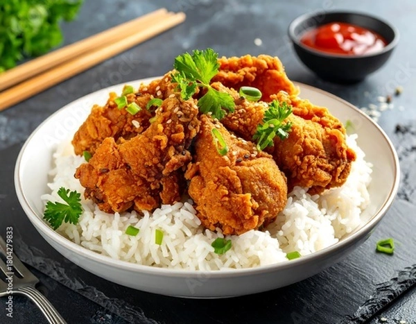 Fototapeta Fried chicken on white rice, garnished with parsley, with chopsticks & sauce