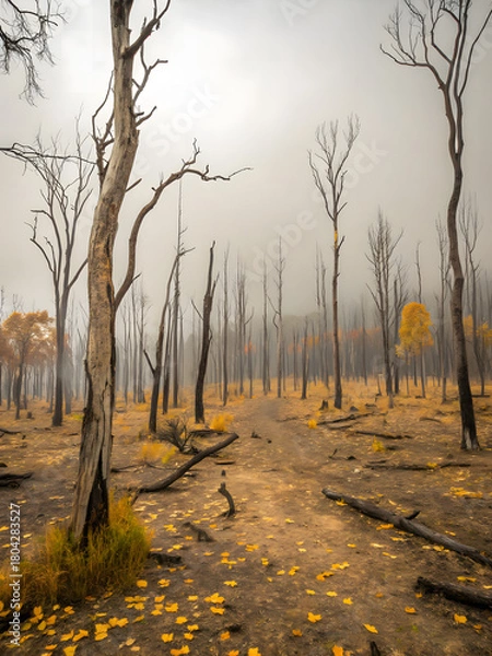 Obraz Desolate forest landscape devastated by acid rain, barren trees, and muted autumn colors