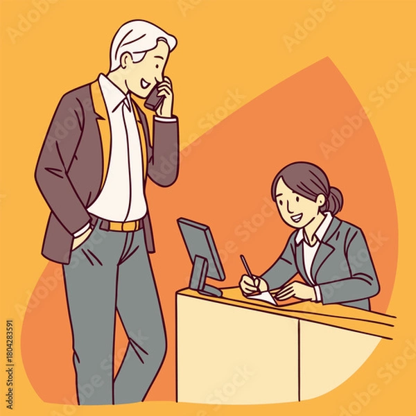 Fototapeta Office coworkers communicating at a reception desk with a friendly professional interaction