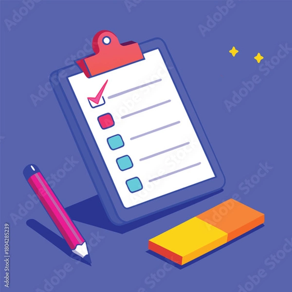 Obraz Isometric illustration of a clipboard with a checklist, a pink pencil, and a yellow eraser on a blue background
