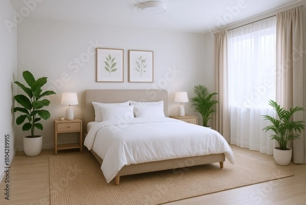 Fototapeta Serene and Minimalist Bedroom Interior with Natural Light, Neutral Tones, and Green Plants for a Calm and Relaxing Atmosphere