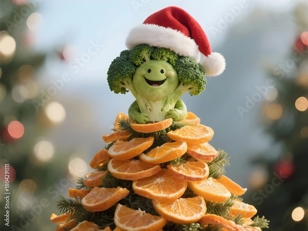 Fototapeta Natale e feste vegetariane e salutari, buffo albero di Natale di frutta e verdura secca