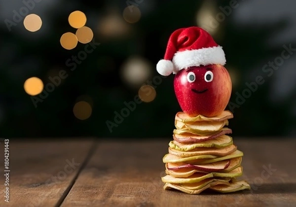 Fototapeta Natale e feste vegetariane e salutari, buffo albero di Natale di frutta e verdura secca