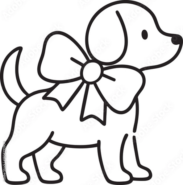 Fototapeta Minimal Line Art Dog with Bow Black Vector Illustration
