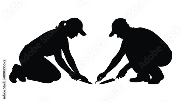 Fototapeta Silhouettes of gardeners working isolated on white background, Vector