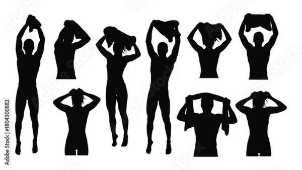 Fototapeta People drying with towels silhouettes isolated on white background, Vector