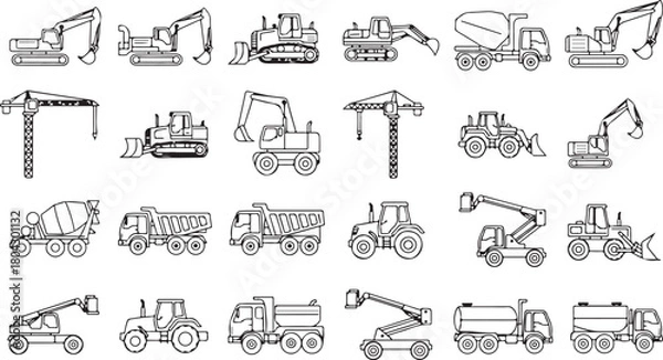 Obraz Construction vehicles and machinery icons set in outline style illustration