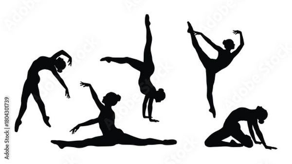 Fototapeta Dynamic female silhouettes in dance and gymnastics poses isolated on white background, Vector