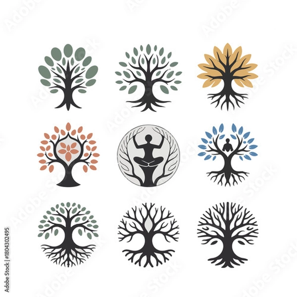 Obraz Nine stylized tree logos with roots and varied leaf colors symbol nature