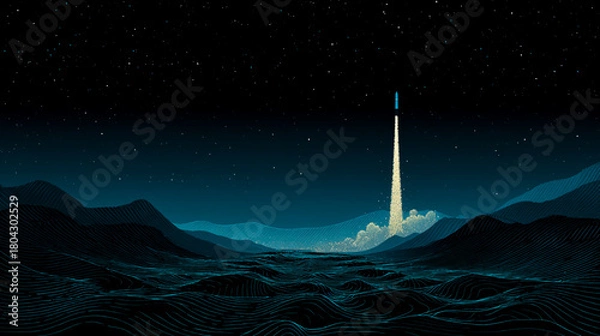 Fototapeta A rocket launch against a starry sky background, with a pattern of mountains and rivers in the foreground, in a vector illustration style featuring geometric lines and a simple, flat design.