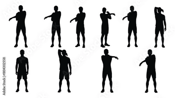 Fototapeta Men stretching exercise silhouettes isolated on white background, Vector