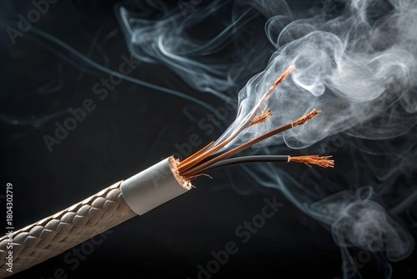 Obraz Close up of a frayed electrical wire with exposed copper strands emitting white smoke against a dark background symbolizing danger and electrical hazard
