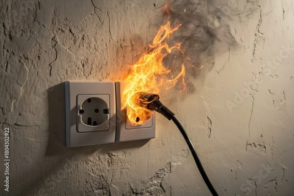 Obraz Electrical outlet on a textured wall engulfed in bright orange flames with smoke billowing upwards indicating a dangerous short circuit or fire hazard