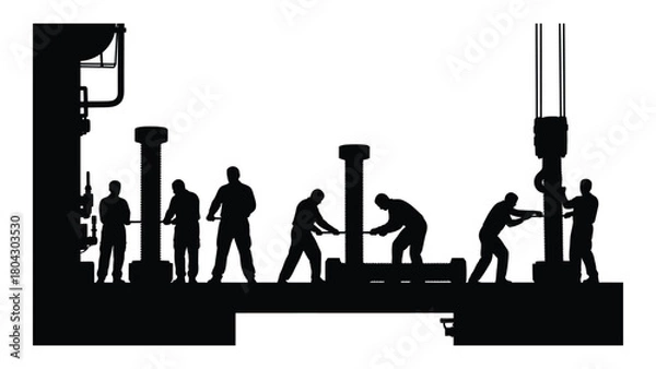 Fototapeta Industrial workers assembling machinery silhouette isolated on white background, Vector