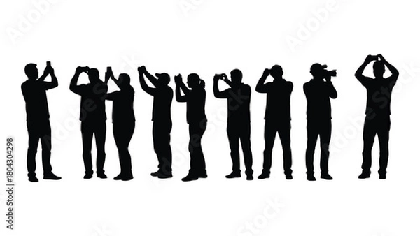 Fototapeta People photographing and filming silhouettes isolated on white background, Vector