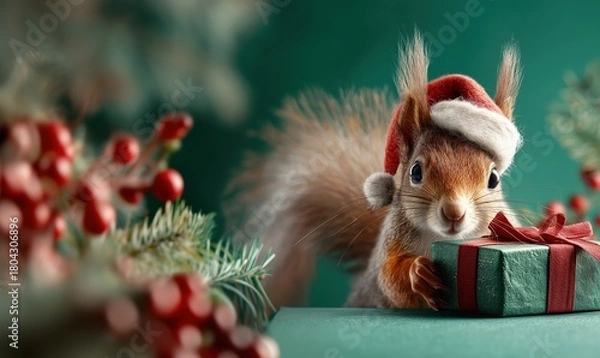 Obraz Niedliches Eichhörnchen mit Weihnachtsmütze und Geschenk