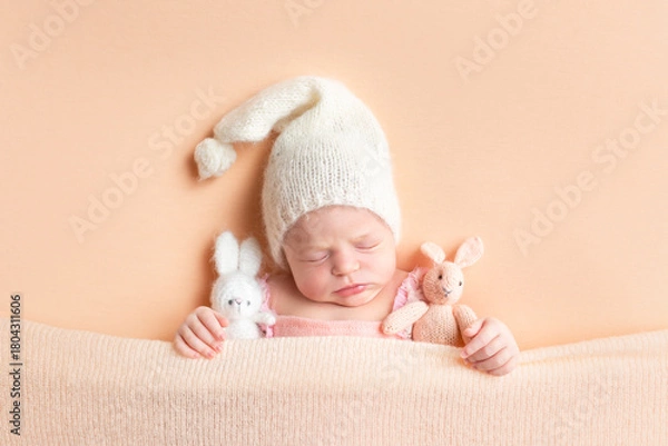 Fototapeta Sweet Dreams Adorable Newborn Baby Sleeping with Bunny Toys