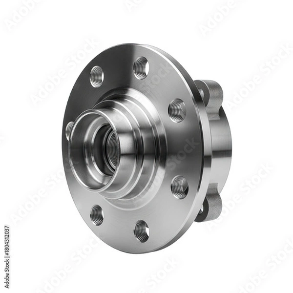 Fototapeta Polished Metal Automotive Wheel Hub Assembly With Silver Bolts And Bearing Detail Isolated On Black Studio Background Realistic Object Photography