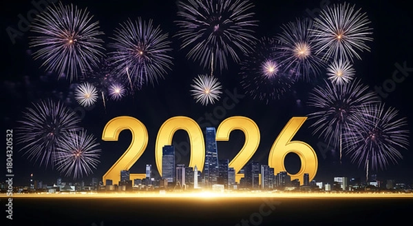 Obraz 2026, New Year, fireworks, celebration, golden, night, future, cityscape, skyline, happy, event,