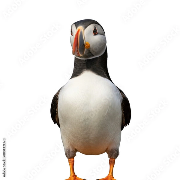 Fototapeta Puffin Bird Facing Forward with Black and White Feathers and Orange Beak Isolated on a Transparent Background
