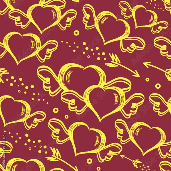 Fototapeta Vector seamless pattern with hand drawn hearts with wings and flying arrows. St.Valentine s day background