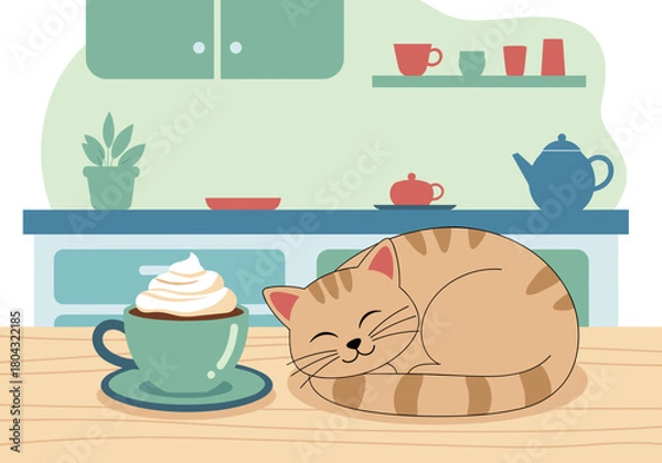 Fototapeta Cozy cup of cocoa near a sleeping cat on a wooden table in a stylish kitchen