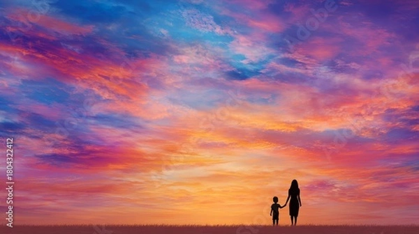Fototapeta A beautiful silhouette of a mother and child standing together under a vibrant sunset sky filled with colorful clouds, perfect for Mother’s Day themes, family love concepts with copy space.