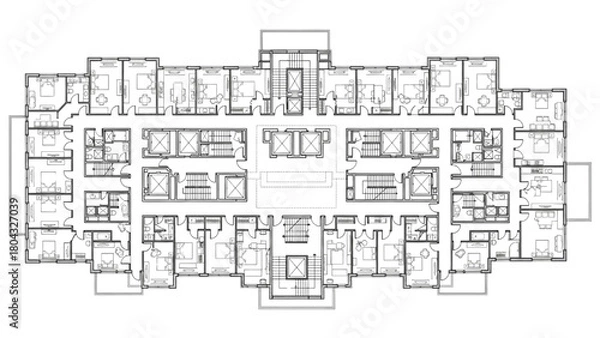 Obraz Black line art hotel floor plan showing rooms, hallways, elevators, staircases, and emergency exit routes