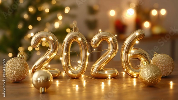 Fototapeta Golden 2026 decoratively arranged amidst festive ornaments and twinkling lights, heralding the promise of a new year.