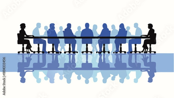 Fototapeta Modern panoramic view of a long expansive meeting table with chairs suitable for corporate presentations office interiors and business discussions