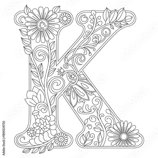 Fototapeta Floral Letter K Coloring Page, Decorative Alphabet Outline with Flowers and Leaves, Botanical Monogram Coloring Design