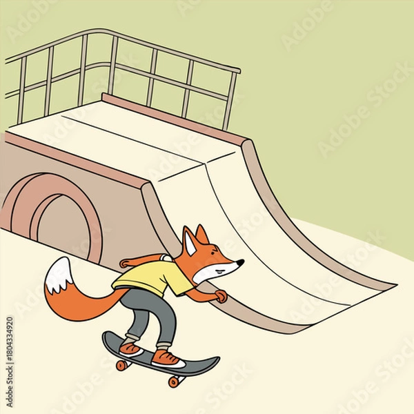 Fototapeta Cartoon fox riding a skateboard on a ramp in a playful outdoor skatepark scene