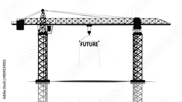 Fototapeta Nighttime industrial scene featuring a large construction crane illuminated by a powerful spotlight casting dramatic shadows across a mechanical yard