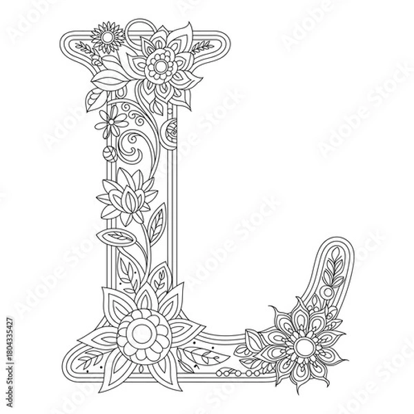 Obraz Floral Letter L Coloring Page, Decorative Alphabet Outline with Flowers and Leaves, Botanical Monogram Coloring Design