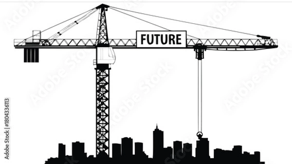 Fototapeta Minimalist industrial landscape featuring a silhouetted construction crane against a backdrop of muted colors and clean lines evoking a sense of modern development and urban planning