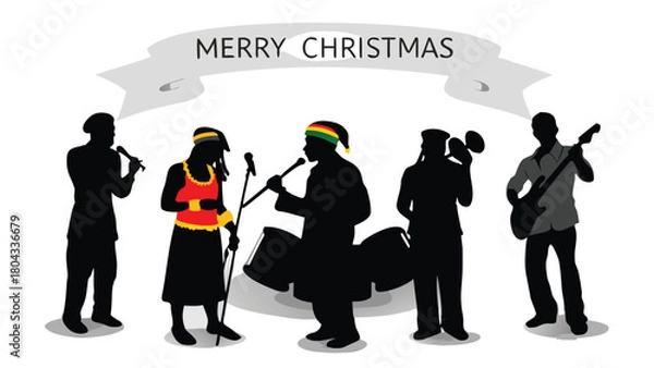 Obraz Diverse group of musicians from various countries performing together with instruments and musical notes symbolizing global harmony and collaboration in a vibrant artistic design