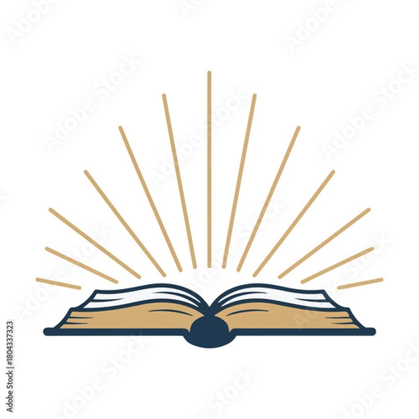 Fototapeta Open book with radiating golden lines on white background pages reading.