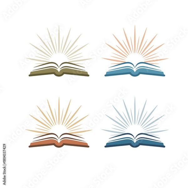 Fototapeta Four open books with radiating sunbursts in different color palettes knowledge learning.