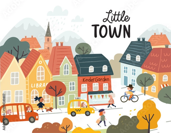 Fototapeta Vector illustration of autumn town with falling leaves, warm autumn colors, cozy seasonal mood and vibe. Autumn background charming streets, and peaceful atmosphere.