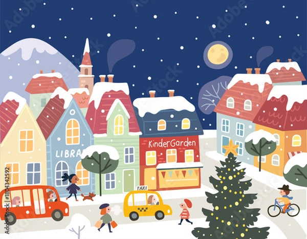 Fototapeta Vector Christmas illustration with a winter town, people, a New Year tree, and snow-covered rooftops. A Christmas mood and New Year vibe. Winter background with a snowy city.