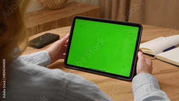 Fototapeta Woman sit desk use click digital tech tablet, green screen mock up. Hand swipe pad web site. Girl hold pad closeup press tap touch middle. Chroma key page. Cozy home background. Online app copy space