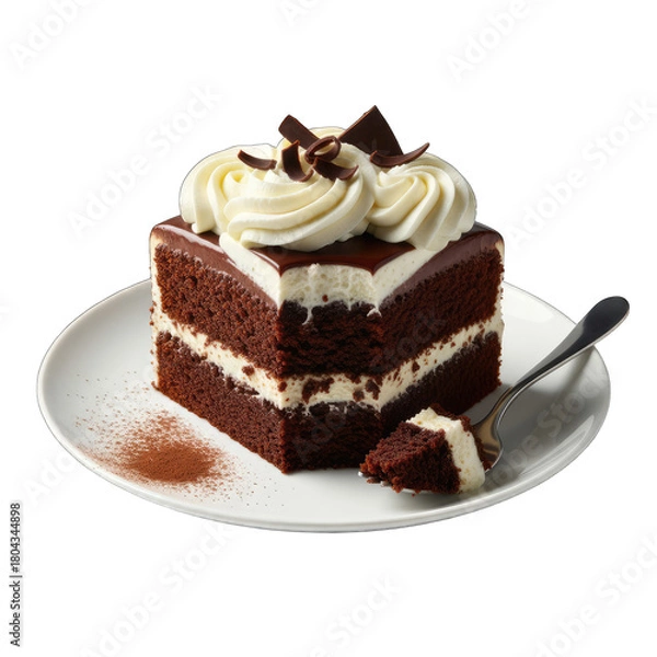Fototapeta Rich chocolate cake with white cream frosting and chocolate shavings on a white plate with a fork and cocoa powder scattered beside it isolated on black background studio lighting