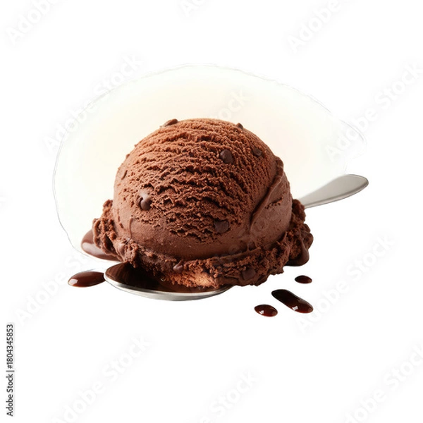 Fototapeta Rich Dark Chocolate Ice Cream Scoop with Chocolate Chips Melting Slightly on a Spoon Isolated on White Background