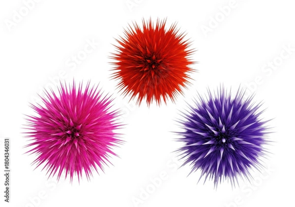 Fototapeta Three spiky fluffy pom poms isolated on white background