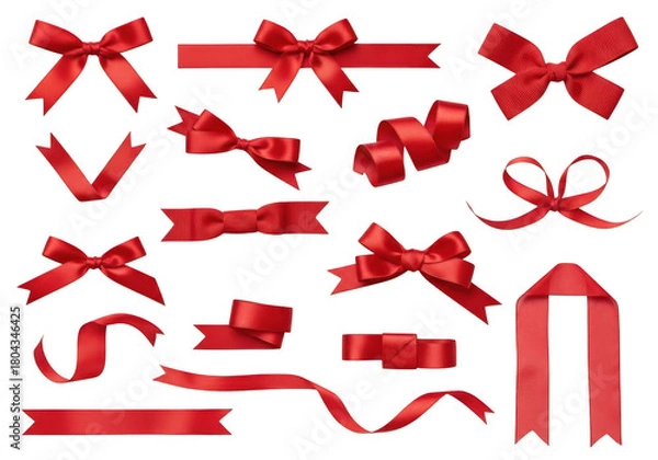 Obraz Collection of red ribbons and bows isolated on white background