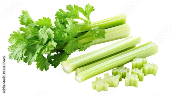 Obraz Fresh celery stalks and chopped pieces isolated on transparent background