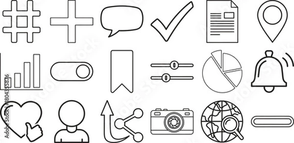 Fototapeta Essential user interface line art icons for websites and apps, featuring universal symbols for digital communication and navigation